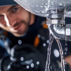 A plumber is inspecting a leaking pipe with water flowing out
